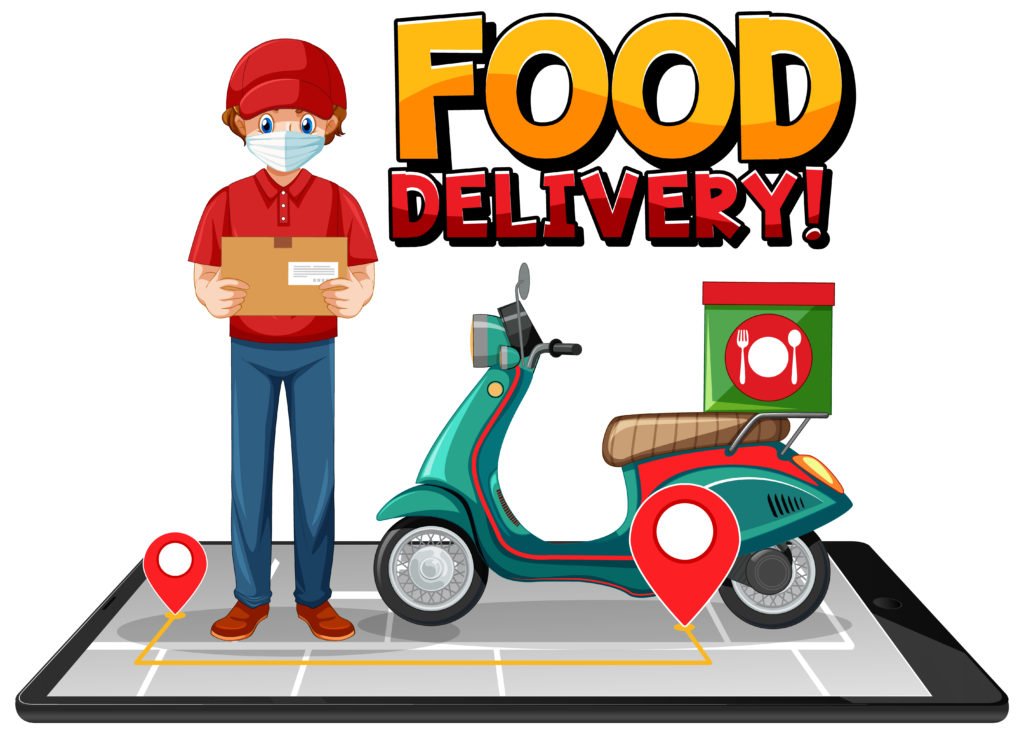 food delivery logo with bike man or courier