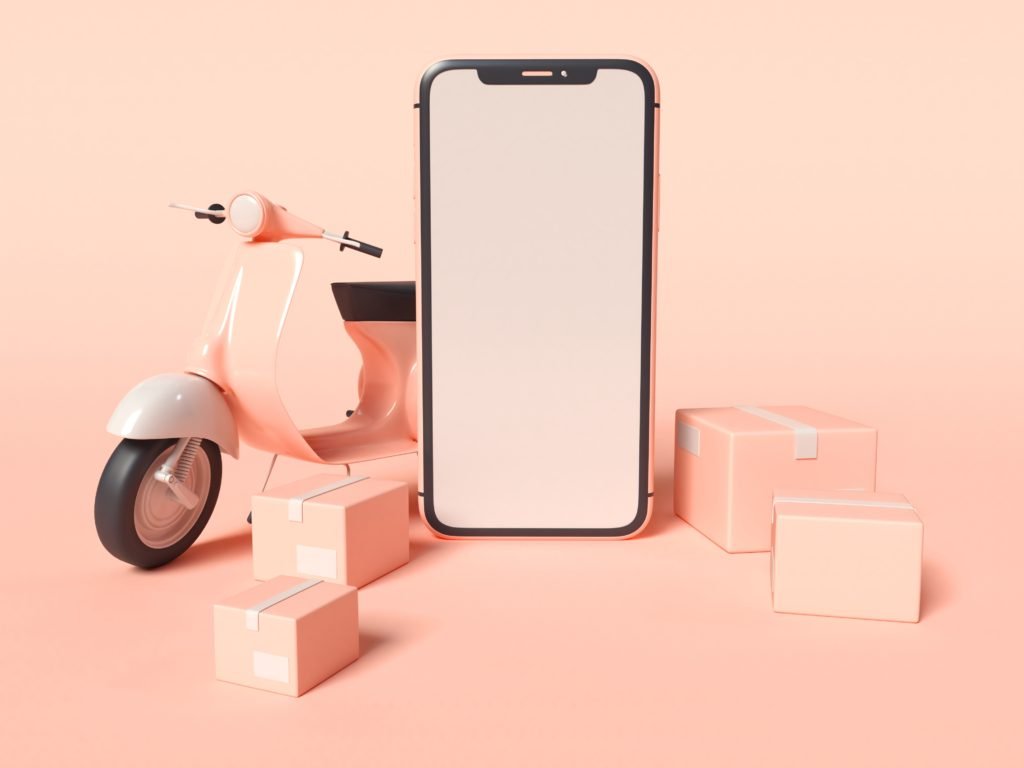 3d illustration. smartphone with a delivery scooter and boxes.